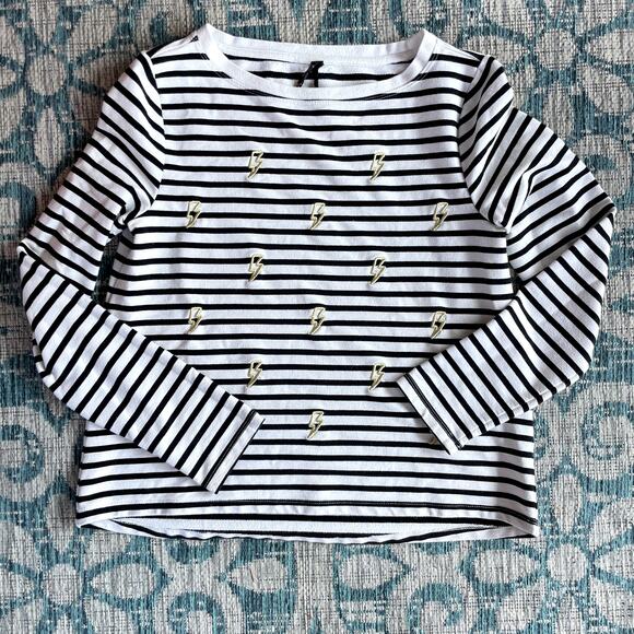 Betsy Johnson Black & White Striped Gold Lightning Bolt Long Sleeve Top - Size S - Picture 2 of 8